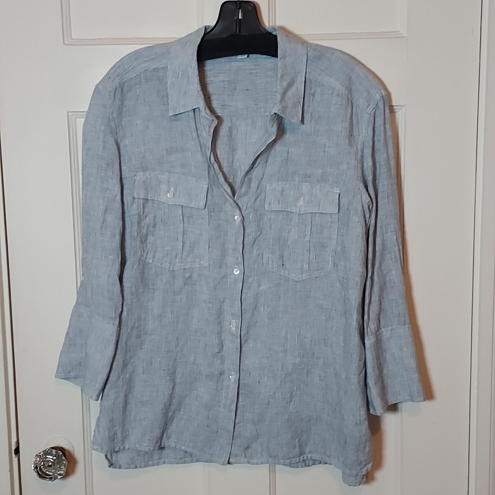 James Perse Standard Button Front 100% Linen Shirt In Blue & White Stripe Sz L